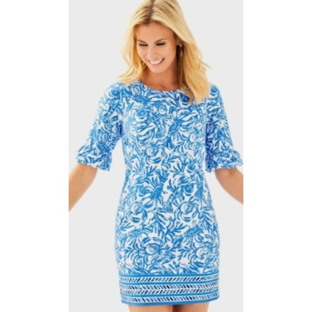 Lilly Pulitzer Shift Dress Blue 00 Womens Ruffle Sleeve Lobster Print Mini